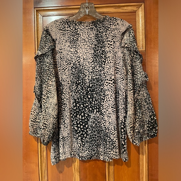 Anthropologie Maeve Jacquin Peasant Tan & Black Print Ruffle Blouse Size M EUC - Picture 6 of 11
